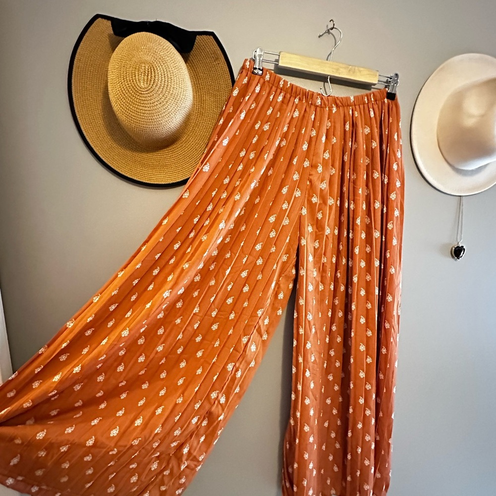 Orange Pleated Wide Leg Pants for Casual Resort Wear